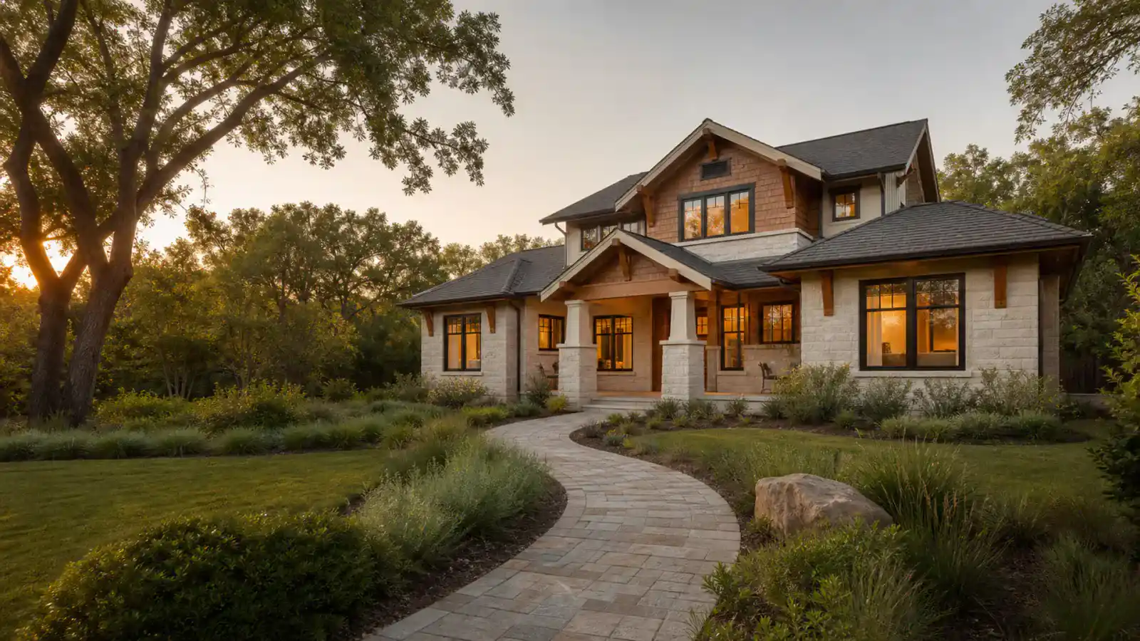 A craftsman home framed by mature trees