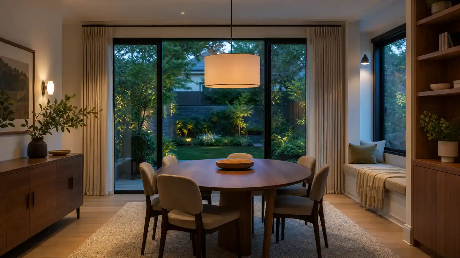 A finished dining room looking onto a green backyard